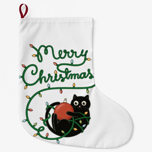 Frohe Weihnachts Schwarze Katze mit Ornament und L Großer Weihnachtsstrumpf (Vorderseite)