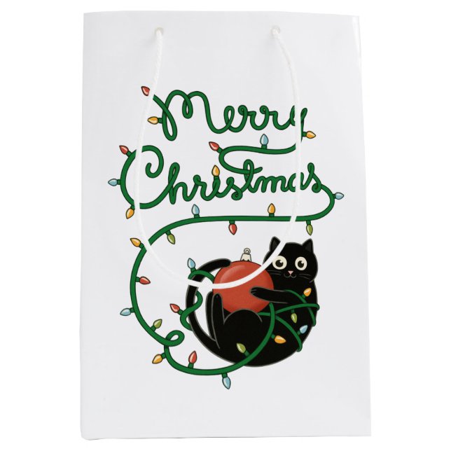 Frohe Weihnachts Schwarze Katze mit Ornament und L Mittlere Geschenktüte (Vorderseite)