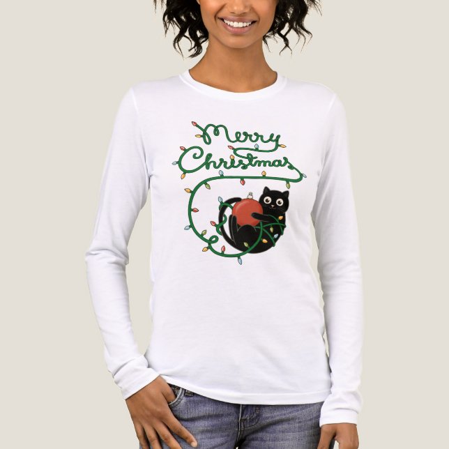 Frohe Weihnachts Schwarze Katze mit Ornament und L Tri-Blend Shirt (Vorderseite)