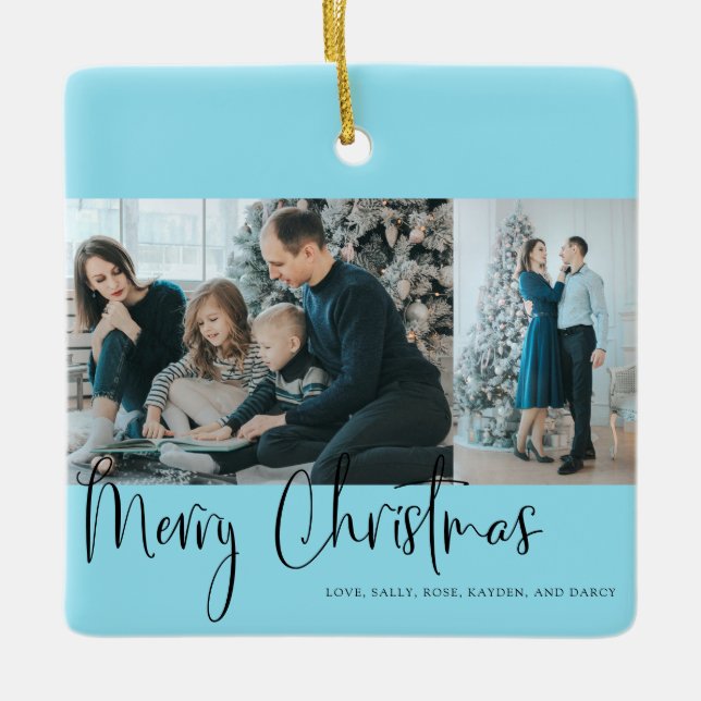 Frohe Weihnachts-Script 2 Foto Collage Blue Keramikornament (Vorderseite)
