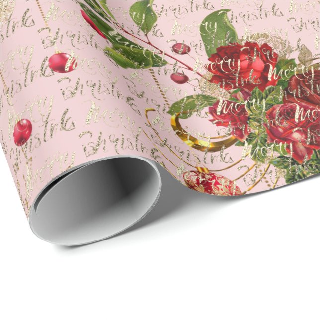 Frohe Weihnachts-Script Bauble Gold Pink Roses Geschenkpapier (Rolleneckpunkt)