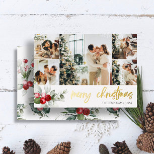 Frohe Weihnachts Script Berry Blätter Foto Collage Folien Feiertagskarte