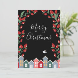 Frohe Weihnachts Script Black Floral Personalize Feiertagskarte