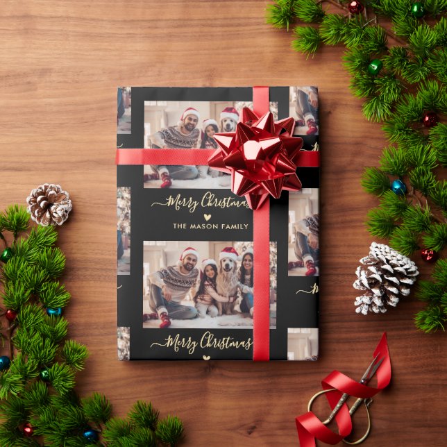 Frohe Weihnachts Script Black Gold Foto Collage Geschenkpapier (Feiertagsgeschenk)