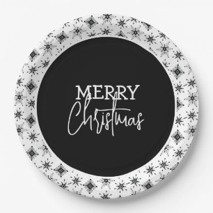 Frohe Weihnachts-Script Black Snowflakes Pappteller