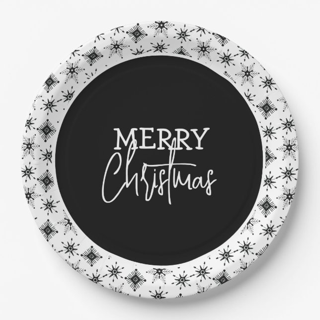 Frohe Weihnachts-Script Black Snowflakes Pappteller (Vorderseite)