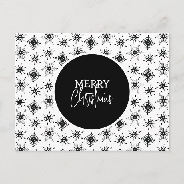 Frohe Weihnachts Script Black Snowflakes Pattern Postkarte (Vorderseite)