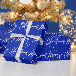 Frohe Weihnachts Script Blue Navy Gold Confetti Geschenkpapier
