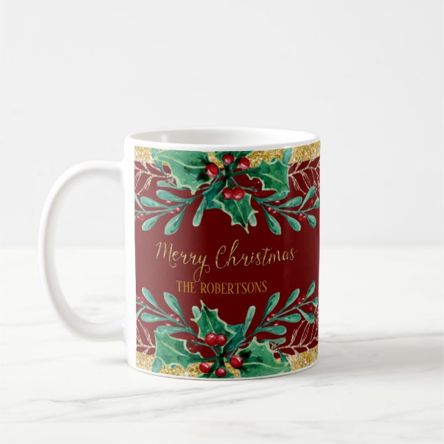 Frohe Weihnachts-Script Burgundy Gold Watercolor Kaffeetasse (Links)