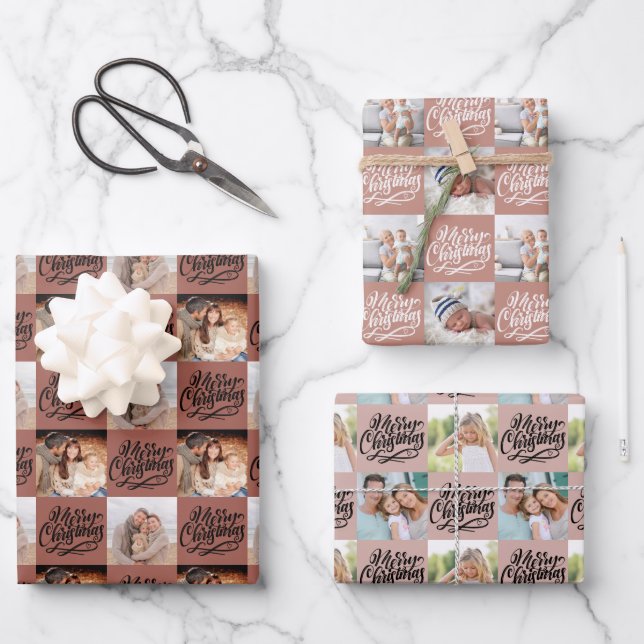 Frohe Weihnachts-Script-Checkerboard 6 Foto Geschenkpapier Set (Vorderseite)