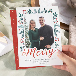 Frohe Weihnachts-Script Chic Holly und Pine Foto Feiertagskarte