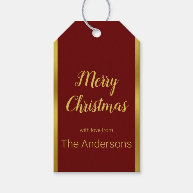 Frohe Weihnachts-Script dunkelrot und Gold Ihr Nam Geschenkanhänger (Vorderseite)