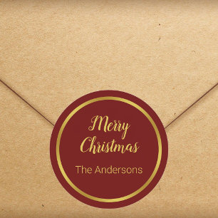 Frohe Weihnachts-Script dunkelrot und Gold Ihr Nam Runder Aufkleber