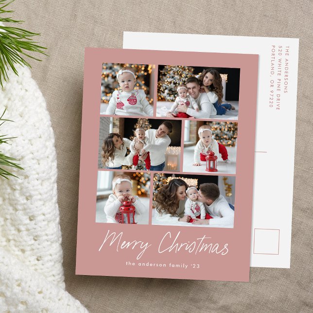 Frohe Weihnachts-Script Dusty Rose 6 Foto Collage Feiertagspostkarte (Von Creator hochgeladen)