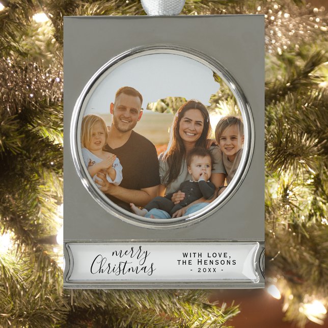 Frohe Weihnachts-Script-Familie Foto Banner-Ornament Silber (Von Creator hochgeladen)