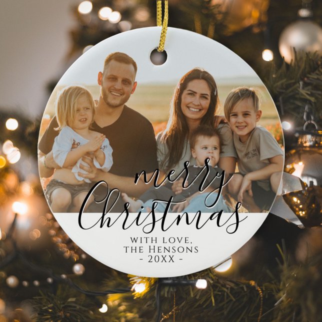 Frohe Weihnachts-Script-Familie Foto Keramik Ornament (Von Creator hochgeladen)