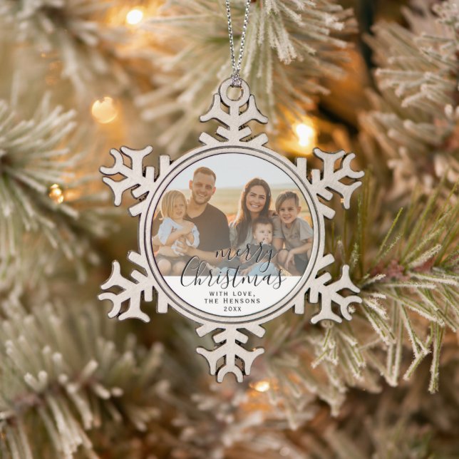 Frohe Weihnachts-Script Familie Foto-Keramik Schneeflocken Zinn-Ornament (Baum)