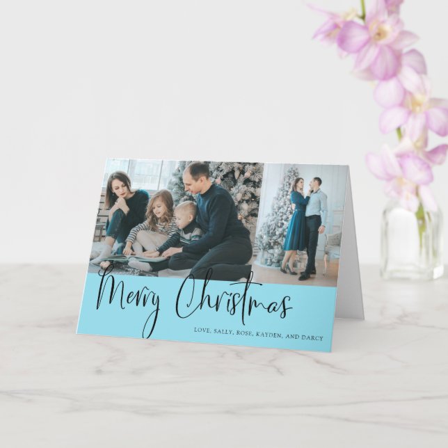 Frohe Weihnachts Script Foto Collage Holiday Blue Karte (Orchidee)