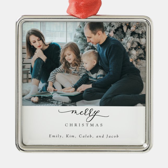 Frohe Weihnachts-Script-Foto Moderner Chic Minimal Ornament Aus Metall (Vorne)