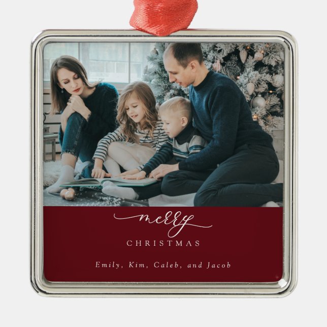 Frohe Weihnachts-Script-Foto Modernes Chic Red Whi Ornament Aus Metall (Vorne)