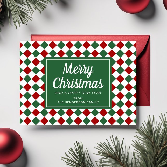 Frohe Weihnachts-Script-Foto Red Green Karos Feiertagskarte (Merry Christmas Script Photo Red Green Checks Holiday Card)