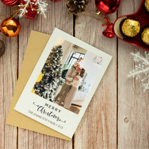 Frohe Weihnachts Script Green Kariert Tartan Foto Feiertagskarte
