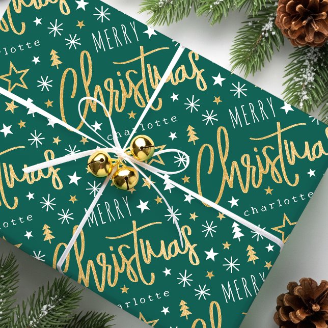 Frohe Weihnachts-Script-Individuelle Name Green Im Geschenkpapier (Von Creator hochgeladen)