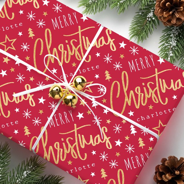 Frohe Weihnachts Script Individuelle Name Red Imit Geschenkpapier (Von Creator hochgeladen)