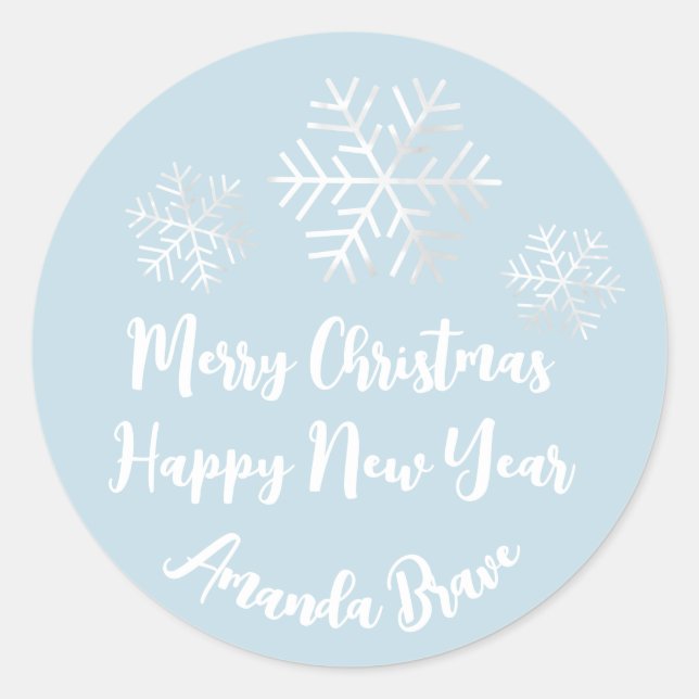 Frohe Weihnachts-Script Name Snowflakes Gray Blue Runder Aufkleber (Vorderseite)