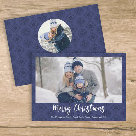 Frohe Weihnachts Script Navy Blue Snowflake 2 Foto Feiertagskarte