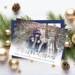 Frohe Weihnachts Script Navy Blue Snowflake 4 Foto Feiertagskarte
