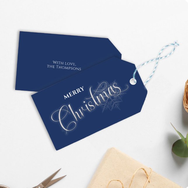 Frohe Weihnachts Script Navy Blue Snowflake Geschenkanhänger (Navy blue and silver Merry Christmas typography script gift tag.)