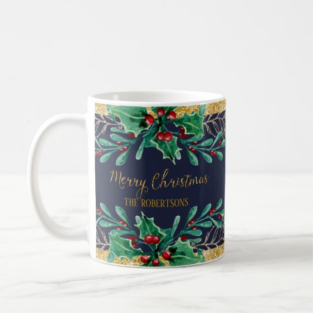 Frohe Weihnachts Script Navy Gold Red Watercolor Kaffeetasse (Links)