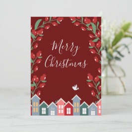 Frohe Weihnachts Script Red Floral Personalize Feiertagskarte