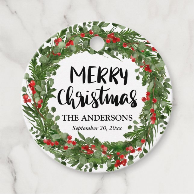 Frohe Weihnachts Script Red Holly Blätter Wreath Geschenkanhänger (Vorderseite)