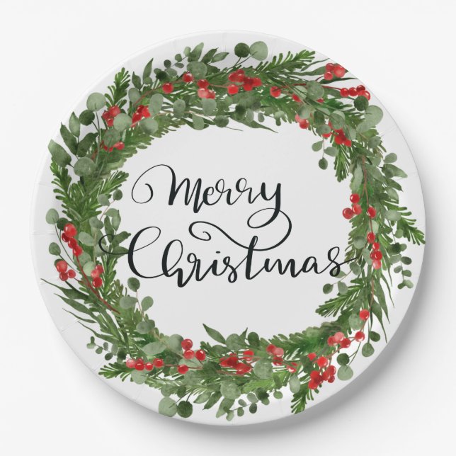 Frohe Weihnachts Script Red Holly Blätter Wreath Pappteller (Vorderseite)