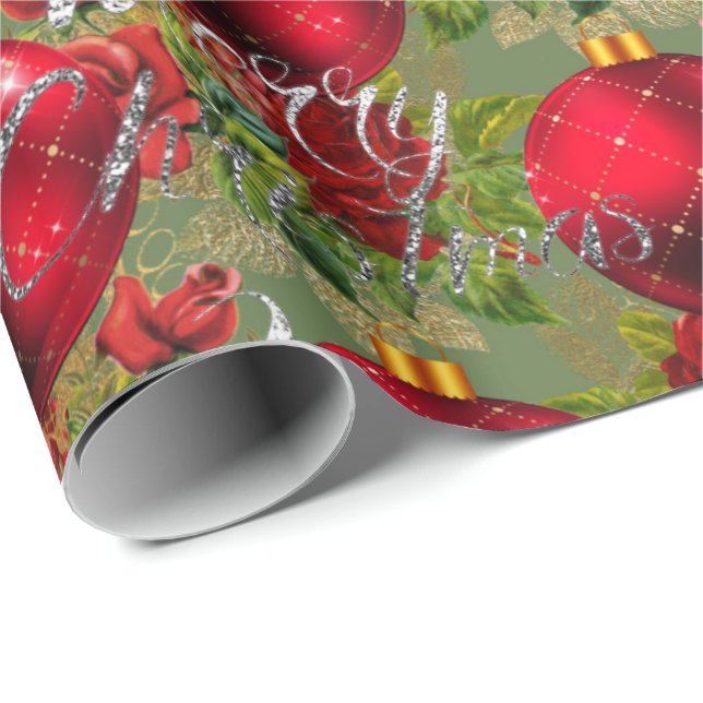 Frohe Weihnachts-Script-Rose Red Mint Green Gold Geschenkpapier (Rolleneckpunkt)