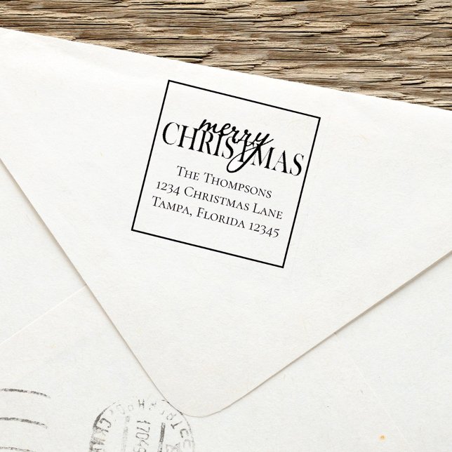 Frohe Weihnachts-Script-Rücksendeadresse Permastempel (Merry Christmas simple typography with return address stamp.)
