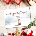 Frohe Weihnachts-Script Winter Fox Weihnachtskarte Feiertagskarte<br><div class="desc">Personalisieren Sie Ihren Namen und Ihr Datum auf dieser schicken Urlaubskarte mit einem Fuchs auf einem Waldhintergrund im Winter. Entwickelt von Thisisnotme©</div>
