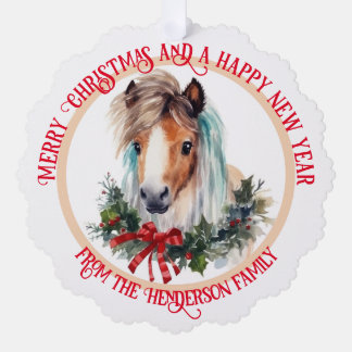 Frohe Weihnachts-Shetland-Pony und Weihnachtskranz Ornament Karte