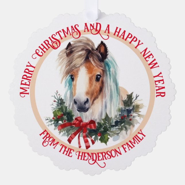 Frohe Weihnachts-Shetland-Pony und Weihnachtskranz Ornament Karte (Vorderseite)