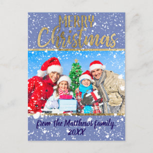 Frohe Weihnachts-Snow Fall Gold Text Familie Foto Feiertagspostkarte