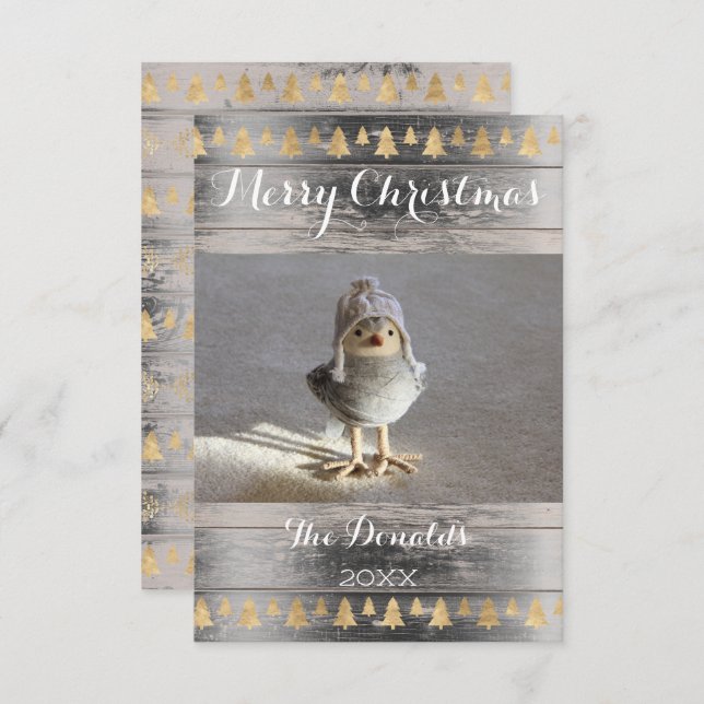 Frohe Weihnachts Snowbird Gold Wood Foto Hütte Einladung (Vorne/Hinten)