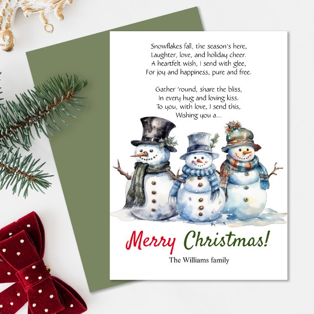 Frohe Weihnachts Snowman Holiday Gedicht Grußkarte Ankündigung (Spread festive cheer with this 'Merry Christmas' snowmen greeting card featuring a heartfelt poem.)