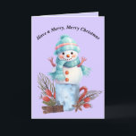 Frohe Weihnachts-Snowman-Karte Dankeskarte<br><div class="desc">Frohe Weihnachts-Schneemannskarte. Der Snowman sitzt auf einer Tasse mit Weihnachtsdekorationen,  und die Karte ist meist blau und lila. Die Wörter auf der Innenseite können geändert werden. Dank Creative Fabrica für einige der Elemente in der Gestaltung.</div>