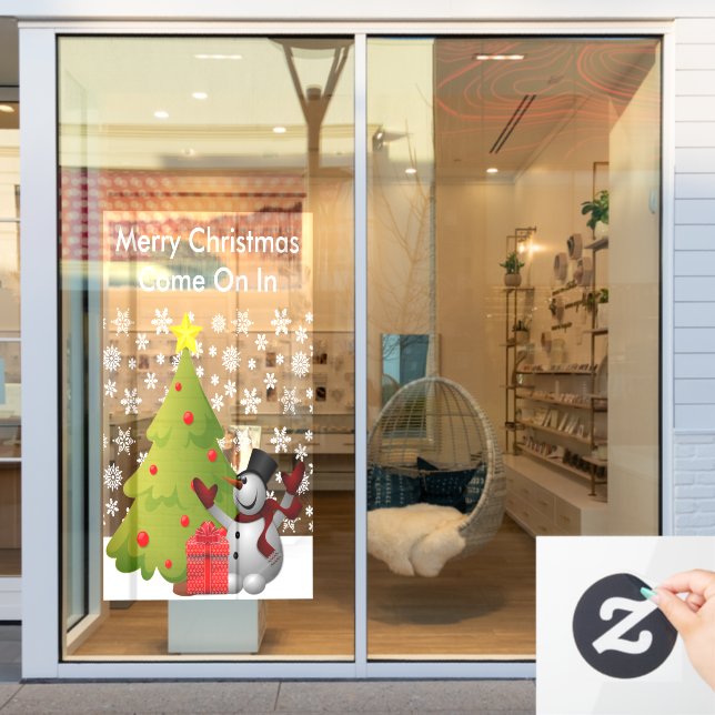 Frohe Weihnachts-Snowman Tree Storefront oder Zuha Fensteraufkleber (Schaufenster)
