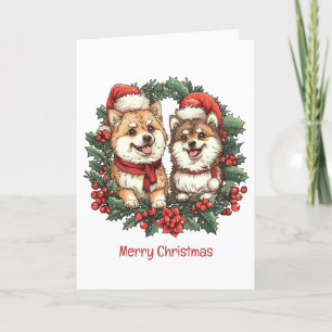 Frohe Weihnachts-Spitz Hunde Mistletoe Wreath Feiertagskarte