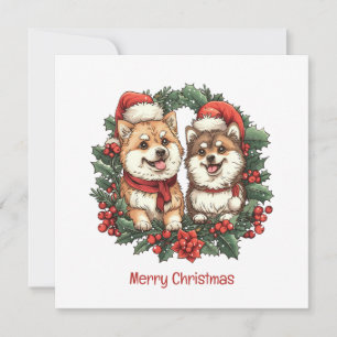 Frohe Weihnachts-Spitz Hunde Mistletoe Wreath Feiertagskarte