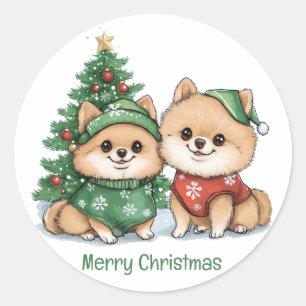 Frohe Weihnachts-Spitz-Hunde Runder Aufkleber