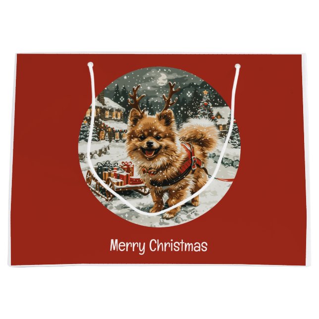 Frohe Weihnachts-Spitz Reindeer Dog Große Geschenktüte (Vorderseite)